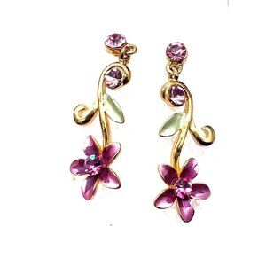 Pink Rhinestone Floral Dangle Drop Earrings Gold Tone